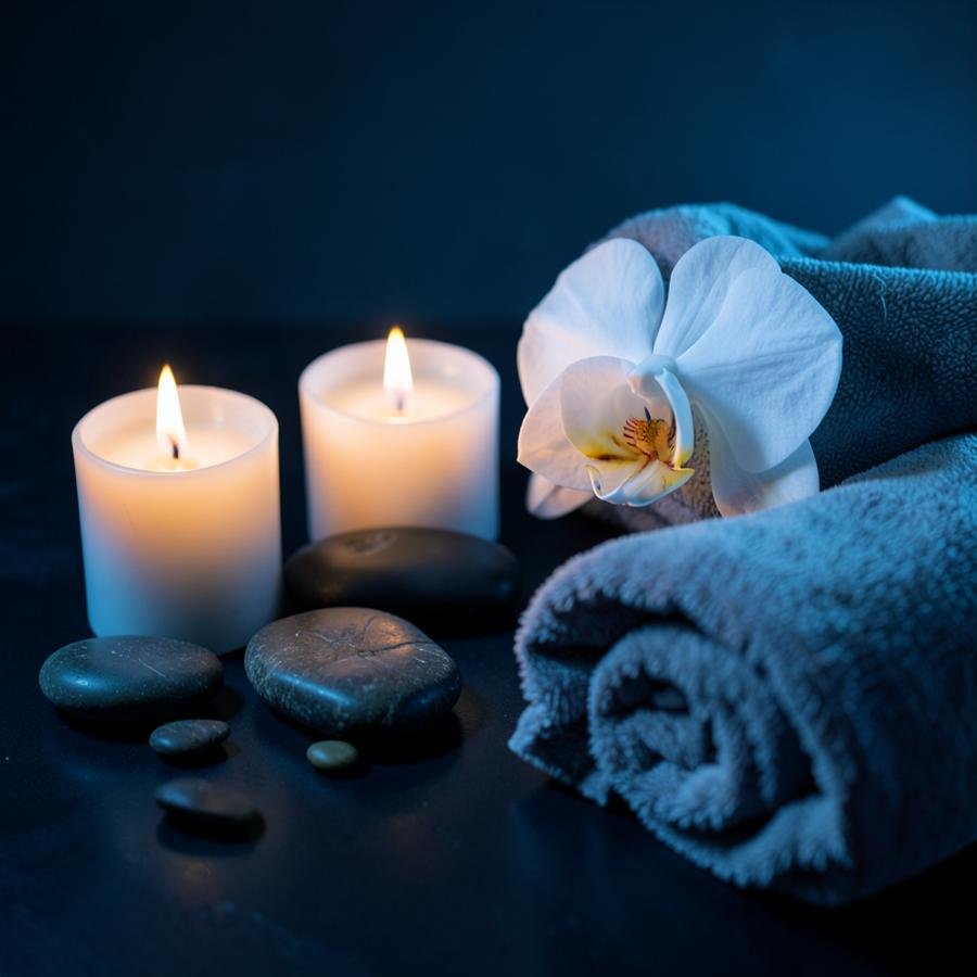 Spa ambience with candles, stones and folded towels