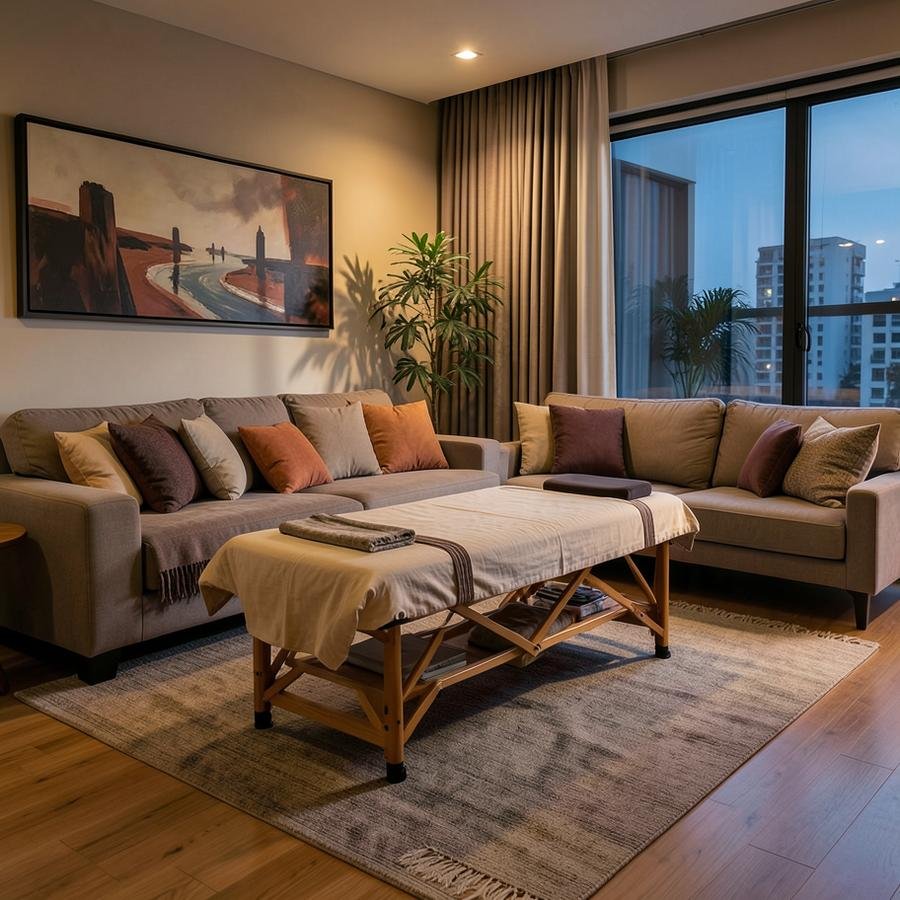 Portable massage table set up in a living room